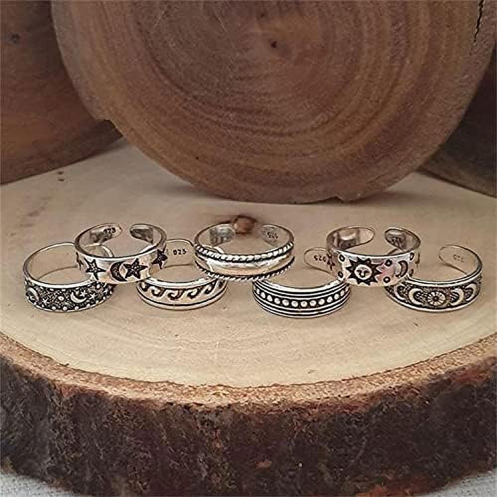 7Pcs 7 Styles Tibetan Style Sun Moon Alloy Cuff Toe Rings for Summer Beach Mixed Shapes Antique Silver Inner Diameter: 14mm 1pc/style