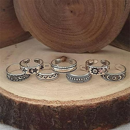 7Pcs 7 Styles Style Sun Moon Alloy Cuff Toe Rings for Summer Beach Mixed Shapes Silver Inner Diameter: 14mm 1pc/style for DIY