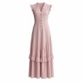 thumbnail image 5 of ChaoHeng Summer Dress Maxi Dresses for Women Solid V Neck Sleeveless Button Layer Ruffle Flowy Long for Pink M, 5 of 8