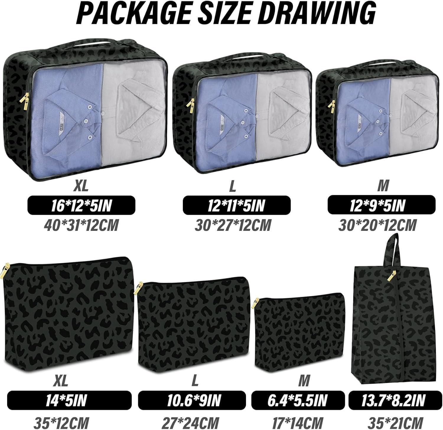 7 Set Packing Cubes Travel Luggage Organizers for Suitcase Travel Accessories with Shoe Bag for Women Girls Aesthetic Cute-Black Leopard