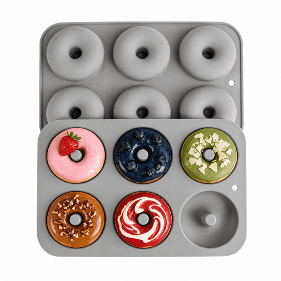 2-Pack Silicone Donut Pan 6-Cavity, BPA-Free Non-Stick Baking Mold with Hanging Hole, Grey, for Homemade Doughnuts.