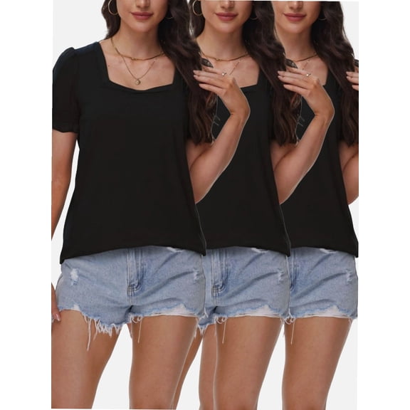 3-pack Black Tops for Women Summer Casual Ruffle Trim Sleeve Square Neck T Shirts