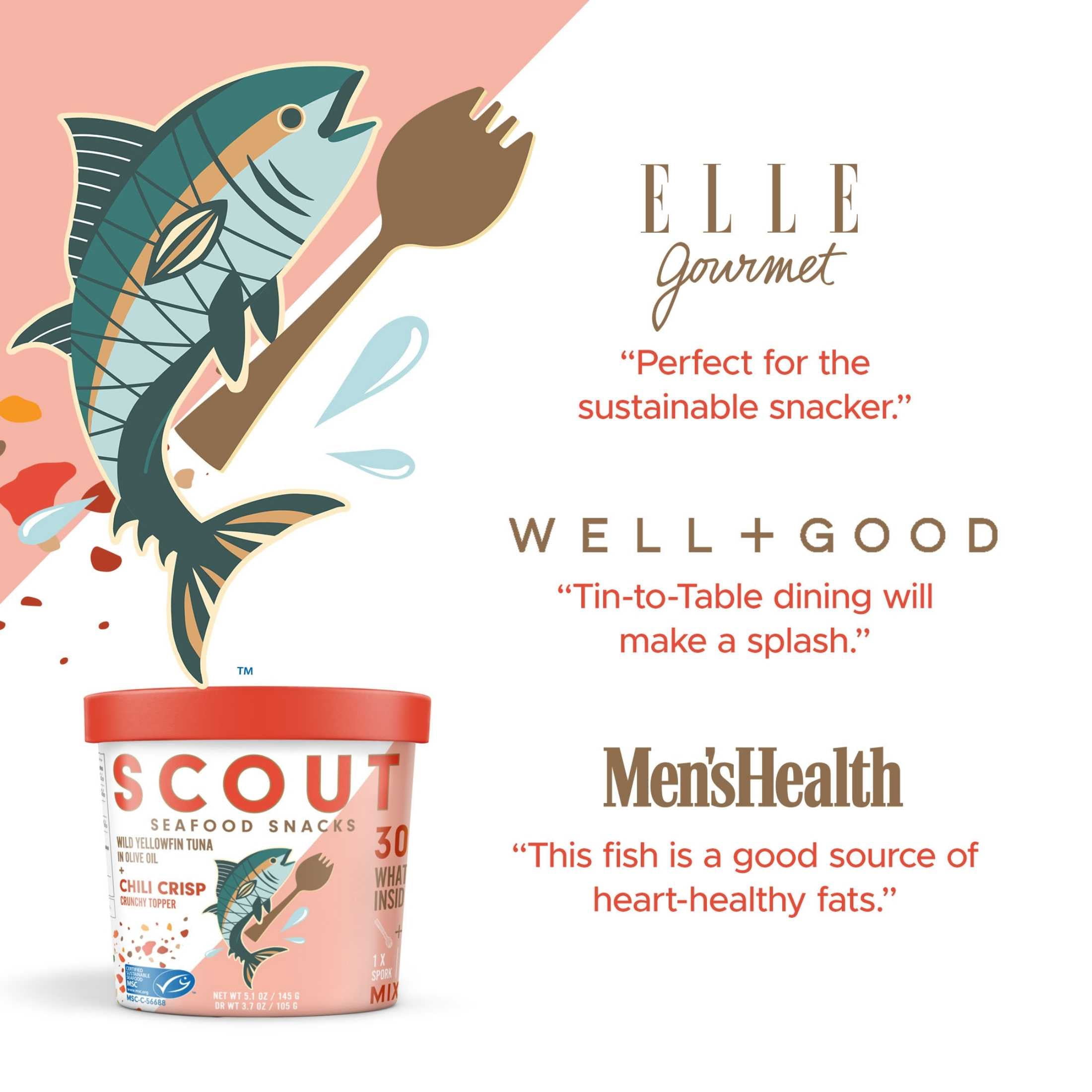 (4 pack) Scout Tuna Snack Kit, Chili Crisp, Wild Yellowfin Tuna + Crunchy Mix-in for 30g of Protein on the Go with Spork, 5.1oz Cup