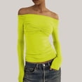 thumbnail image 2 of Women Off Shoulder T-Shirts Sheer Mesh Sexy Long Sleeve Tees Pleated See Through Solid Slim Tops Trendy, 2 of 5