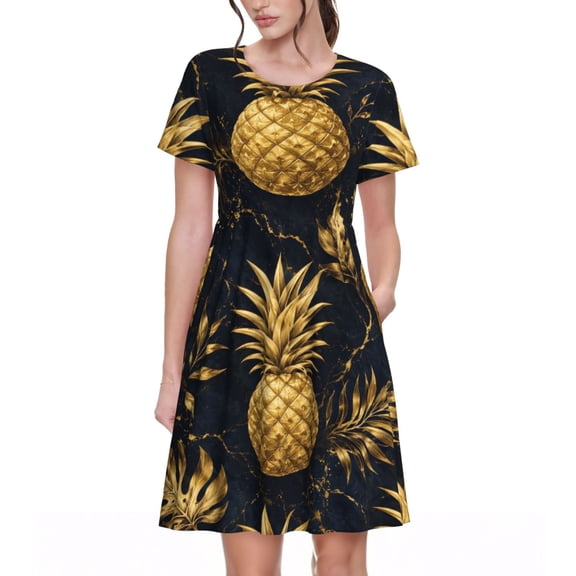 Gold Pineapple Tropical Dresses Short Sleeve Nightdresses for Women
