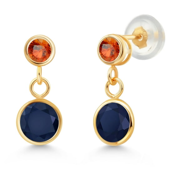 Gem Stone King 14k Yellow Gold Blue Sapphire and Orange Sapphire Two Stone Dangle Earrings for Women (2.52 Cttw, Gemstone September Birthstone, Round 6MM, Round 3MM)