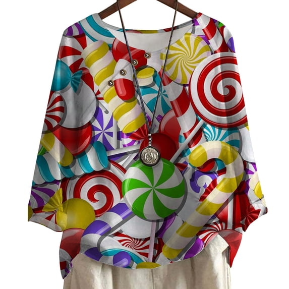 CLOOCL Women Plus Size T-Shirt Christmas Candy Patterns Print Long Sleeve Casual Tops