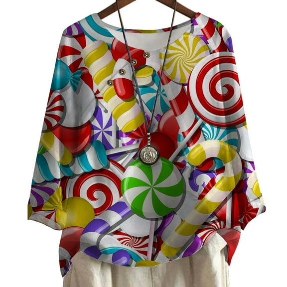 CLOOCL Women Plus Size T-Shirt Christmas Candy Patterns Print Long Sleeve Casual Tops