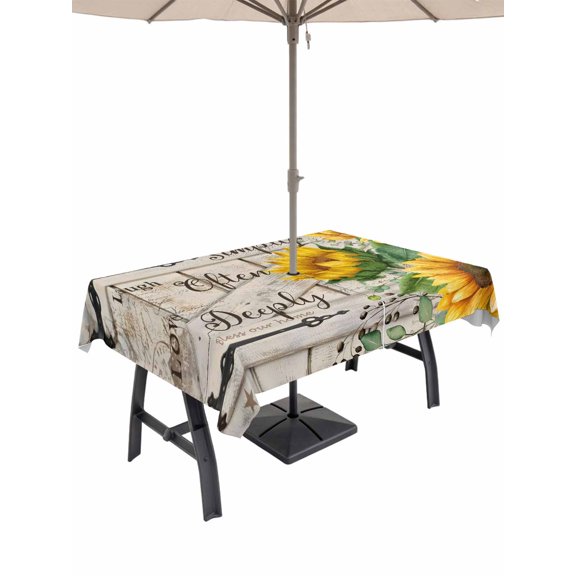 Outdoor Tablecloths with Umbrella Hole & Zipper, Sunflower Tablecloth Rectangle 60x84 Inch, Yellow Flowers Summer Botanical Wooden Waterproof Table Cloth, Patio/Pool/Picnic Table Covers