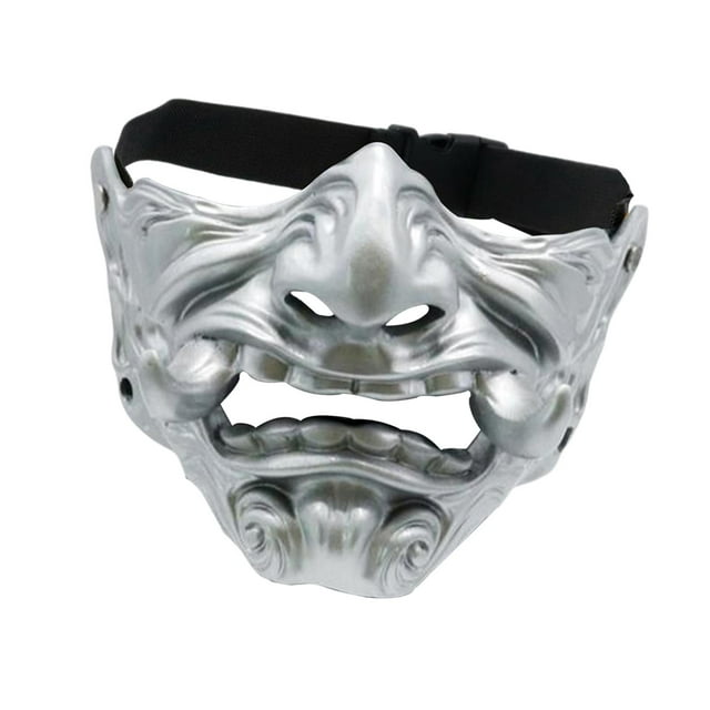 Máscara de Cosplay de mueca de cabeza, máscara japonesa, accesorio decorativo, máscara de cabeza aterradora, máscara de media cara samurái para puesta Plata