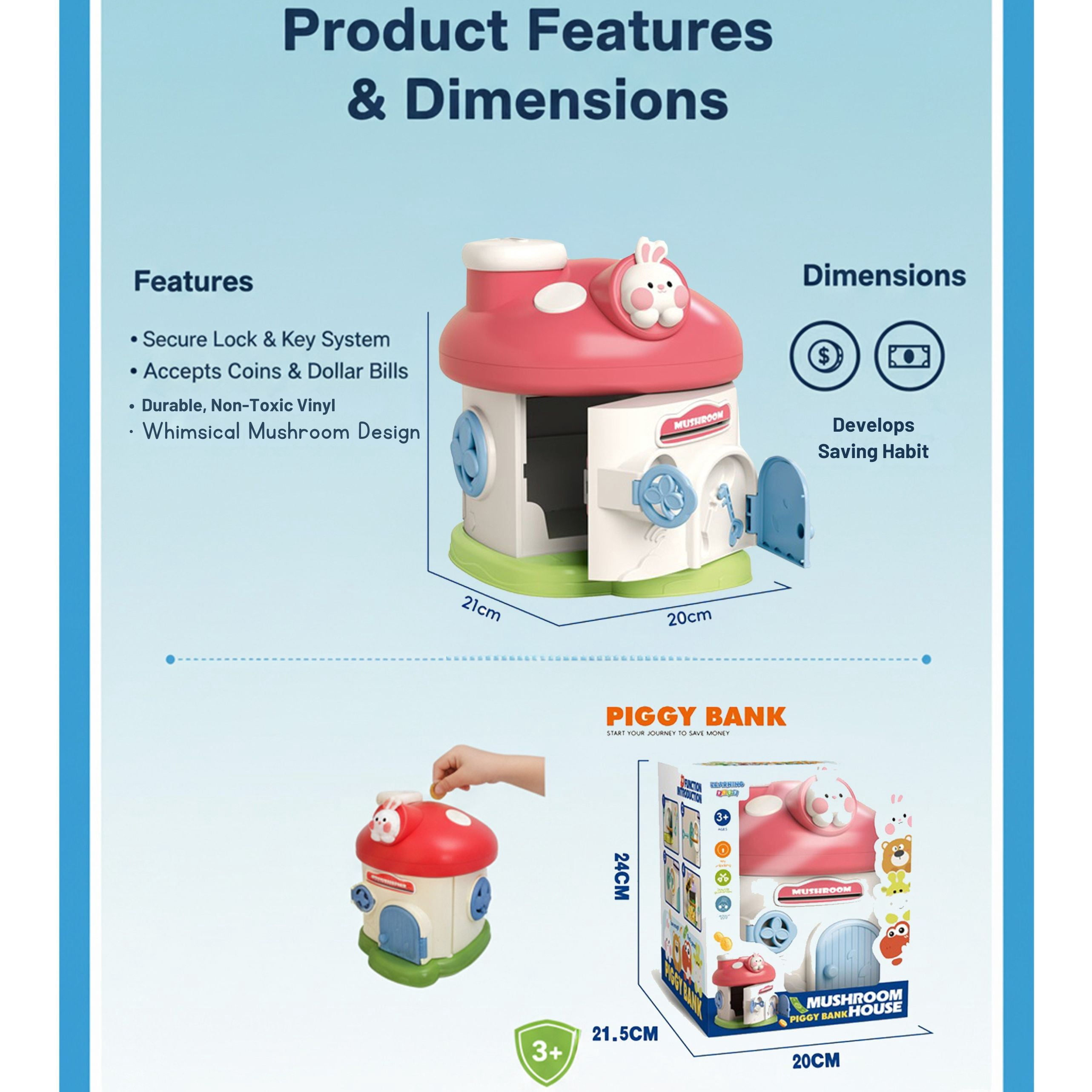 Mushroom House Piggy Bank with Lock and 2 Keys – Cute Coin Bank for Kids, Decorative Savings Money Box