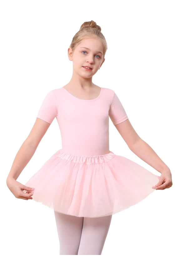 3 Piece Short Sleeve Ballet Leotard Set with Elasitc Tutu Skirt Tights Dance Cloths Combo for Girls,Ballet Pink,8 Years