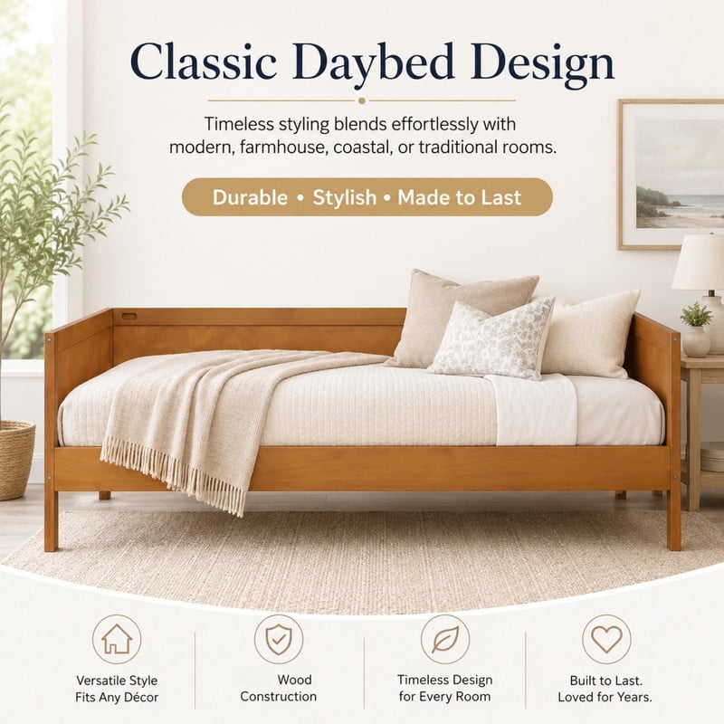Euroco Wood Twin Size Daybed, Sofa Bed with Slats, No Box Spring Needed, Walnut