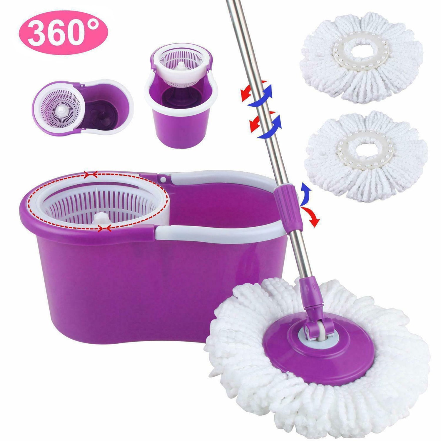 Microfiber Spin Mop & Bucket Floor Cleaning System with 2 Microfiber Mop  Heads，Pink 
