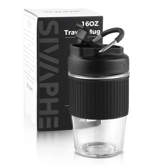 Sivaphe Reusable Glass Coffee Cup 16 oz, Portable Travel Mug with Spill-Proof Lid and Protect Sleeve for Home Office Black