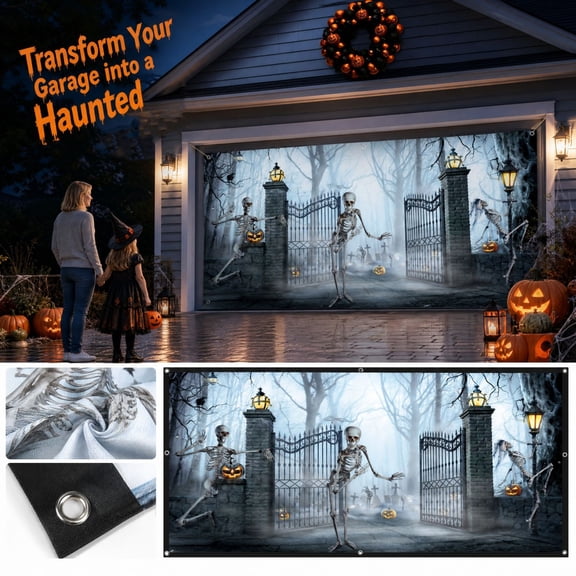 Halloween Backdrop Banner, Halloween Garage Decor, Misty Spooky Forest Halloween Skull Garage Door Cover for Outdoor Yard Patio Lawn Horror Party Decoration(94.5×70.9 in)