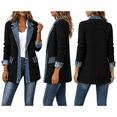 thumbnail image 2 of Women's Denim Patchwork Knit Blazer Jackets Notched Lapel Long Sleeve Button Casual Long Coat Black L, 2 of 7