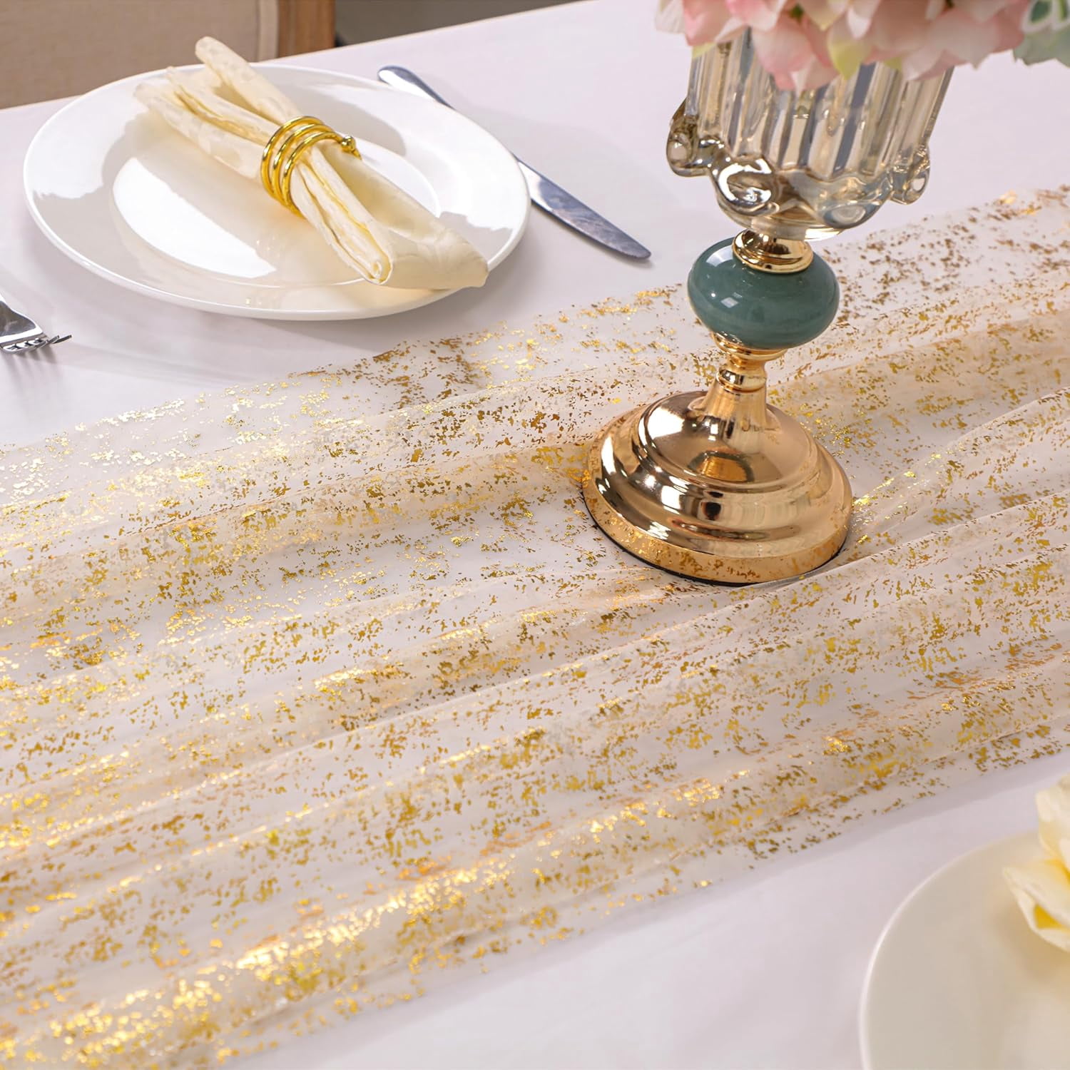 Dalrosia 10FT Gold Table Runner, Gold Gauze Sheer Chiffon Cheesecloth Runner Sequin Glitter Metallic Foil, Gold Party Table Decorations Centerpiece for Wedding Birthday Christmas Bridal Baby Shower