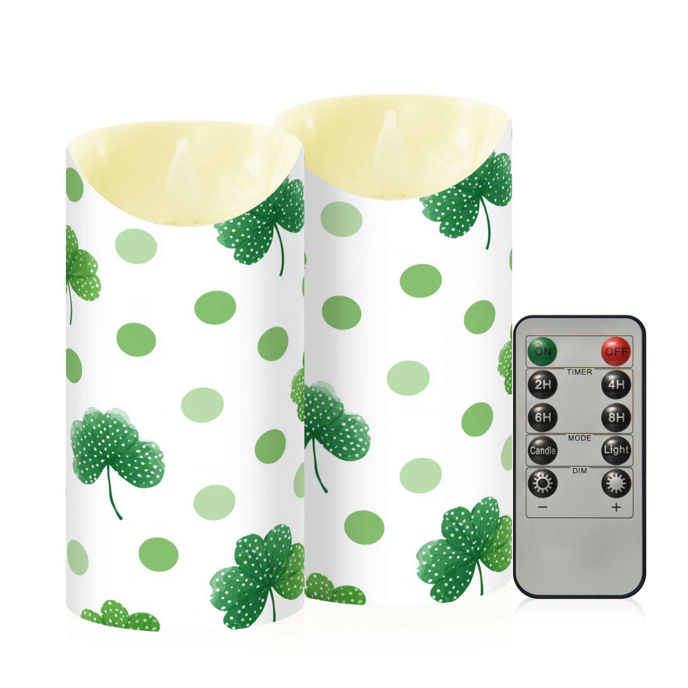 St Patricks Day Watercolor Dots Clovers Flickering Flameless Candles with Remote Timer Battery Operated LED Tealight Set of 2 M