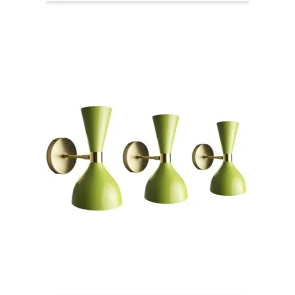 Set of 3 Green Dual Shade Wall Sconces – Italian Style Brass Mid-Century Wall Lamps