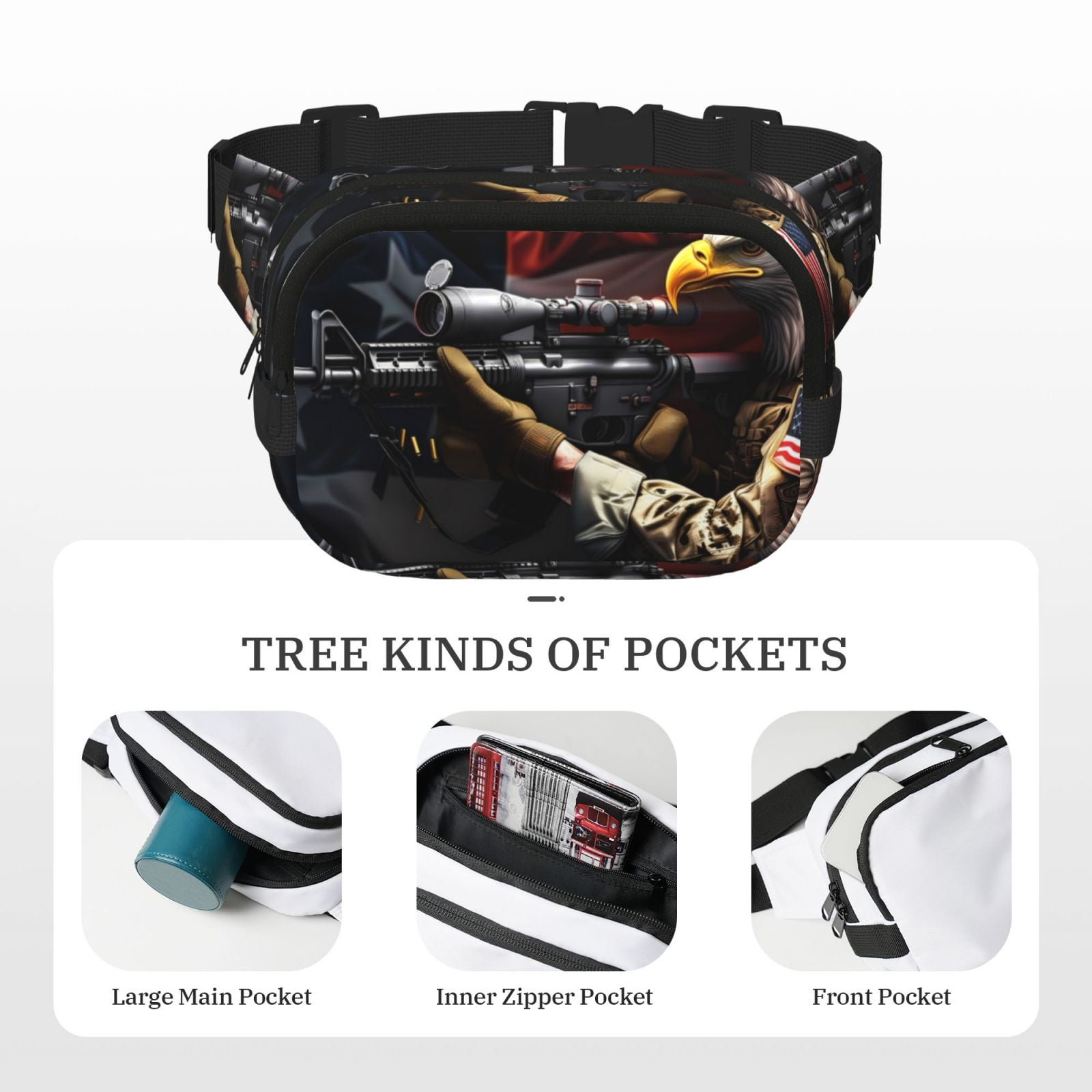 Picia American Bald Eagle Warrior Print Square Double-Layer Waist Bag Mini Adjustable Waist Belt Bag Exercise Running Travel Hiking