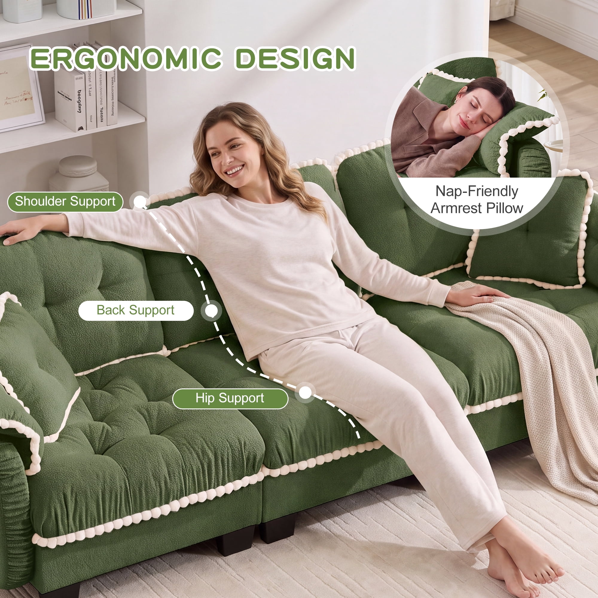 Anpport 70" Chenille Cloud Loveseat with 4 Pillows, Pom‑Pom Trim, Quilted Tufted Ergonomic, Easy Assembly Deep Seat for Living Room Apartment, Green
