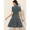 thumbnail image 4 of Vestido camisero de cambray para mujer, manga corta, con botones, cintura con lazo, cuello en V occidental, vestidos de mezclilla Gris Oscuro S, 4 of 5