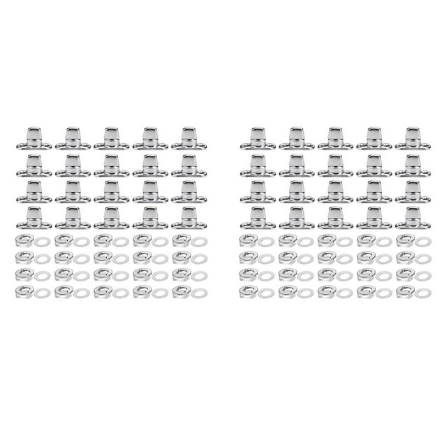 40 sets of marine grade twist lock fasteners, including turn buttons, eyelets, and studs, arranged in a grid layout. Made from durable silver-colored metal with rust-resistant stainless steel screws and washers for secure installation. Ideal for canvas fastening, tarp grommet applications, and use in harsh marine environments.