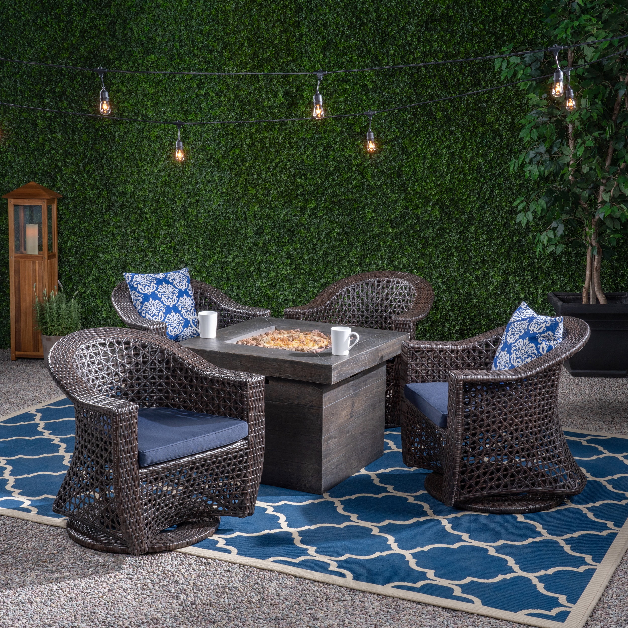 Tabitha Patio Fire Pit Set, 4-Seater with Wicker Swivel Chairs, Multi-Brown, Navy Blue, Brown