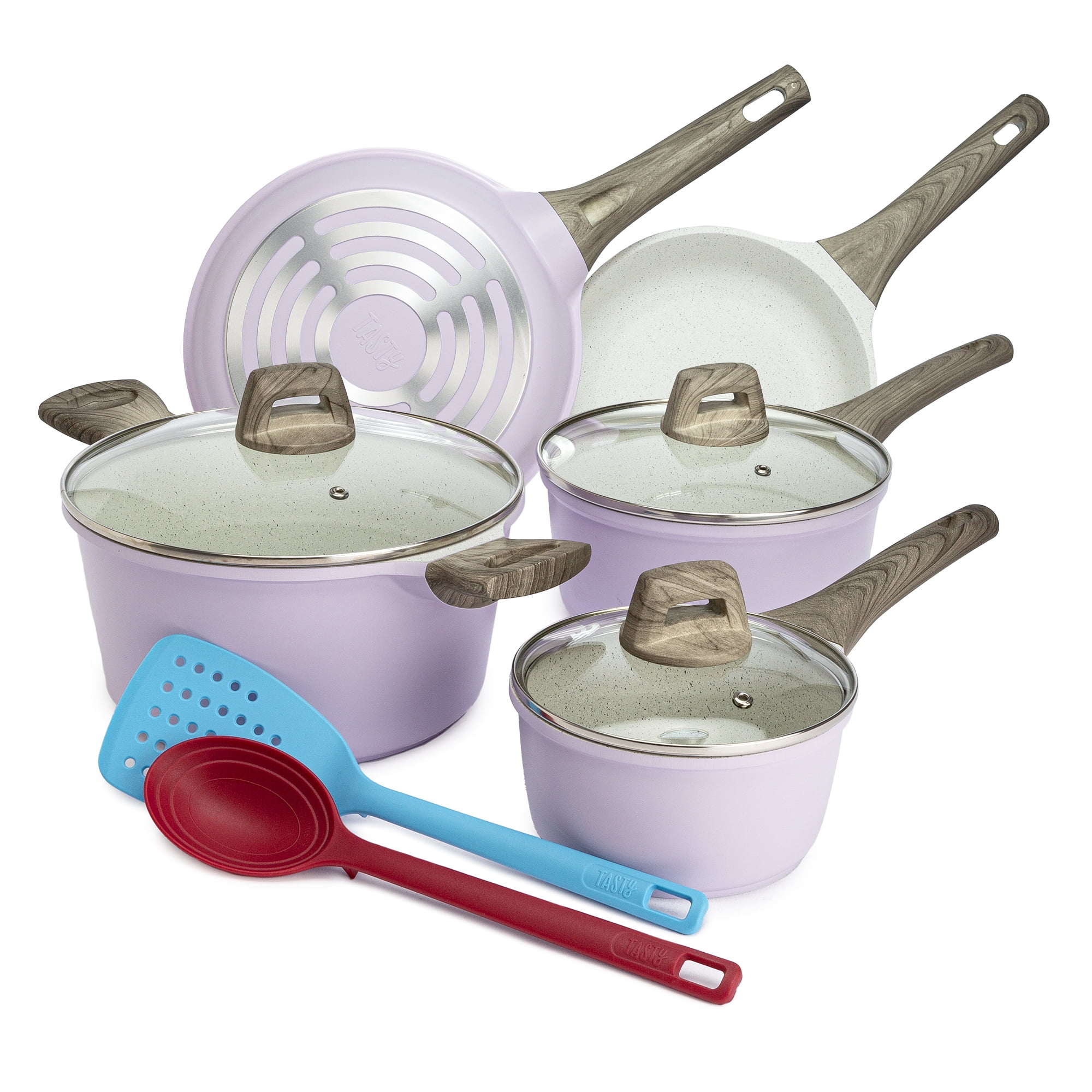 Nonstick Cookware Set Dishwasher Safe Purple 10 Pieces Pots And Pans With Glass 