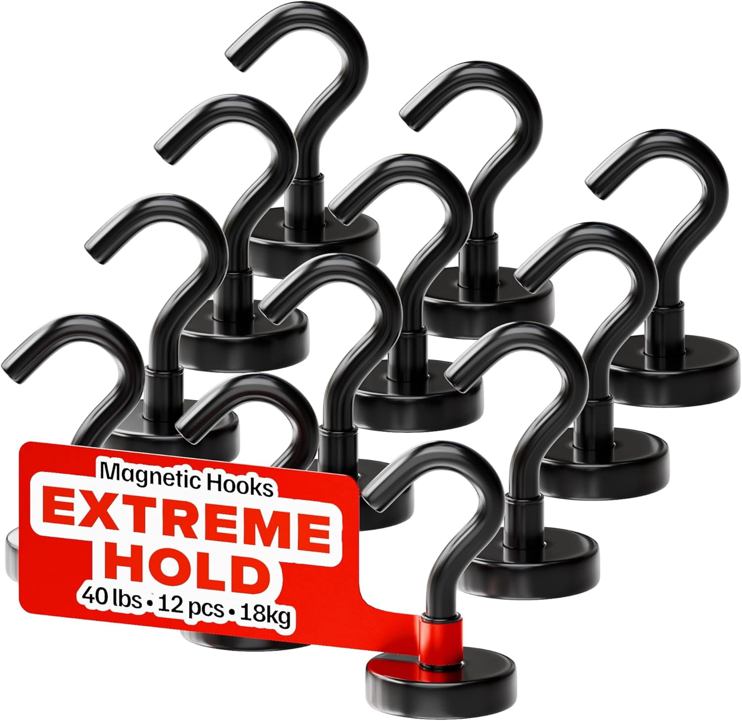 FEFEFW-Magnetic Hooks 40 LBS (Pack of 12 Black) - Heavy Duty Neodymium Hooks for Outdoor & Backyard Use - Strong Rare Earth Magnets for Cruise Cabins - Magnetic Hooks for Kitchen & Refrigerators