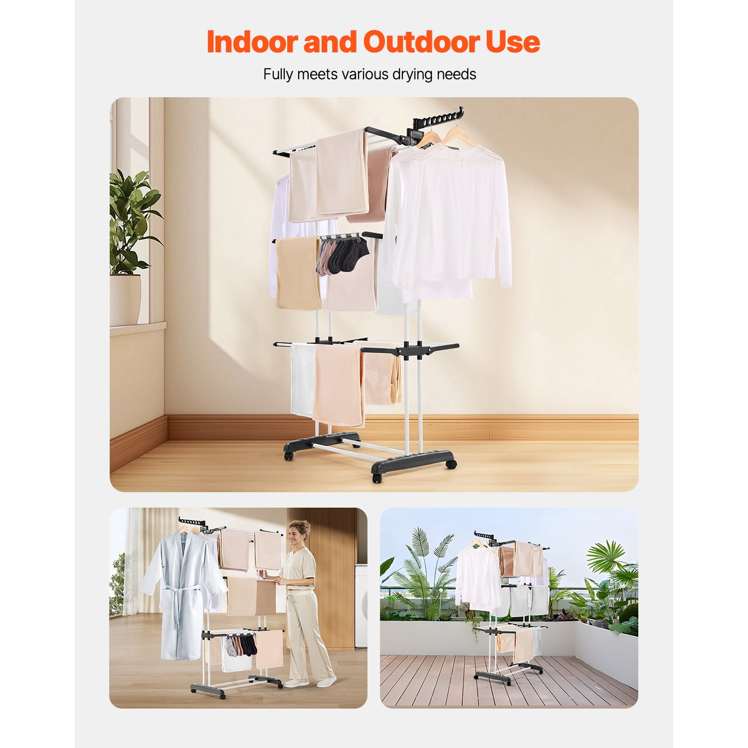 KFFKFF 4-Tier Clothes Drying Rack, Sturdy Laundry Drying Rack with Wheels and 24 Rods, Wings Foldable, Clothes Hanger for Indoor and Outdoor