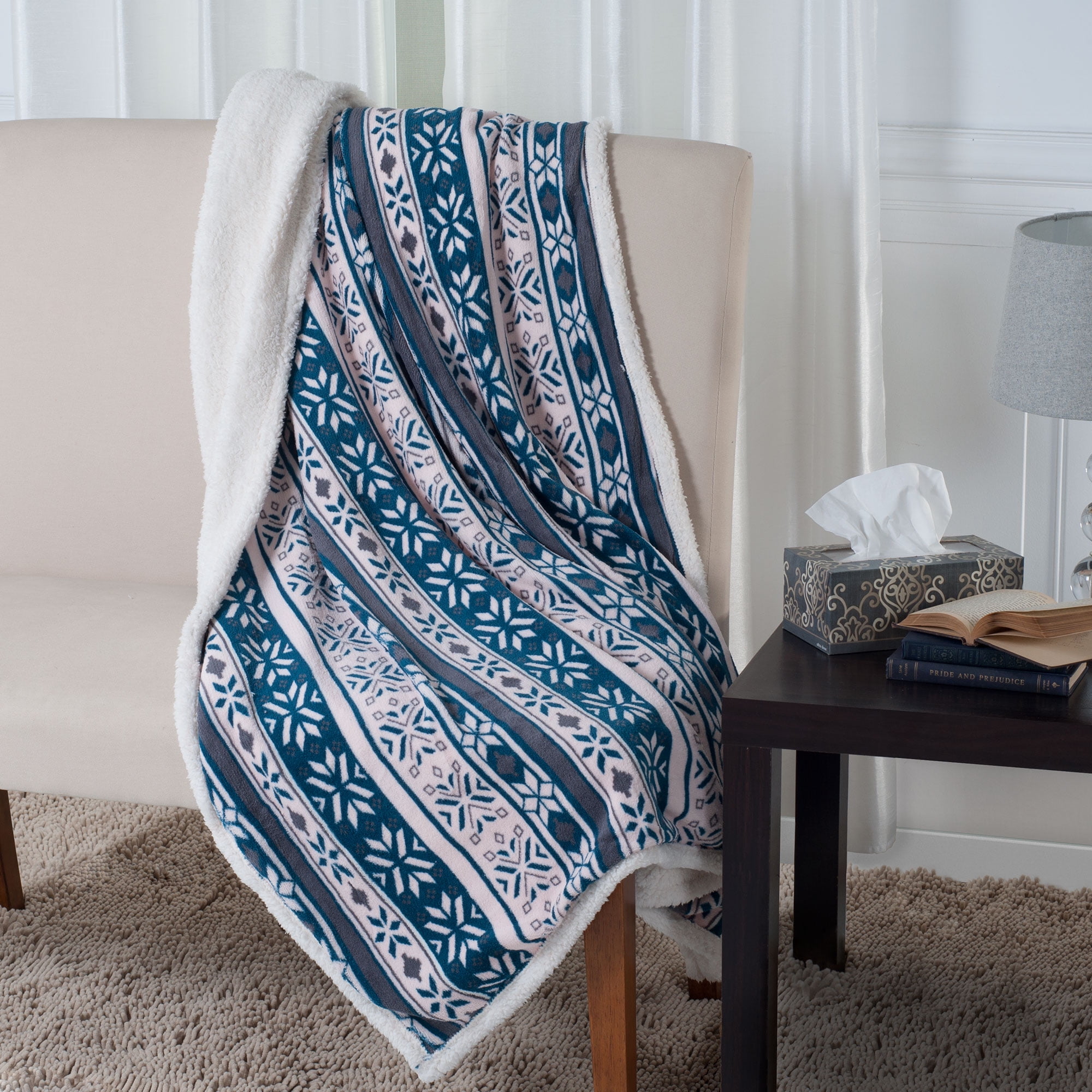 Somerset Home 50x60-inch Fleece/Sherpa Throw Blanket for Adult- Blue Snowflakes