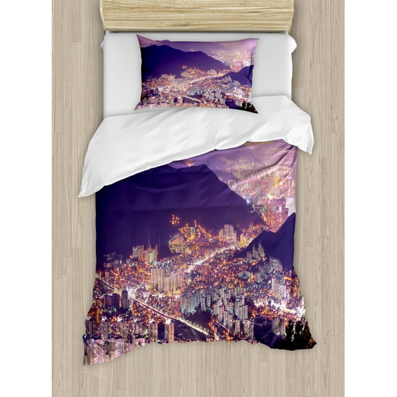 Ambesonne Urban Duvet Cover Set, Skyline of Busan Korea, Twin, Purple Violet