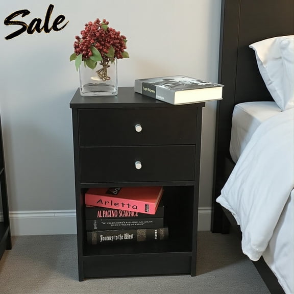 Tcbosik 2-Drawer Nightstand with Round Handles – Black Compact Bedroom End Table, Simple Bedside Table with Open Shelf – 15.75"L x 11.81"W x 23.62"H
