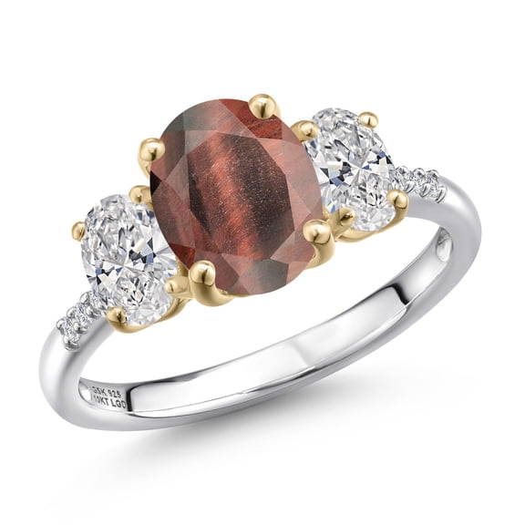 Gem Stone King 925 Silver and 10K Yellow Gold Red Tiger Eye and DEF Lab Grown Diamond Engagement Ring for Women | 2.56 Cttw | Oval 9X7MM | Birthstone | Size 9