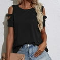 thumbnail image 4 of Cold Shoulder Round Neck Tops for Women Short Sleeve 2024 Summer Trendy Casual T-Shirts Solid Pullover Blouses Black,L, 4 of 6