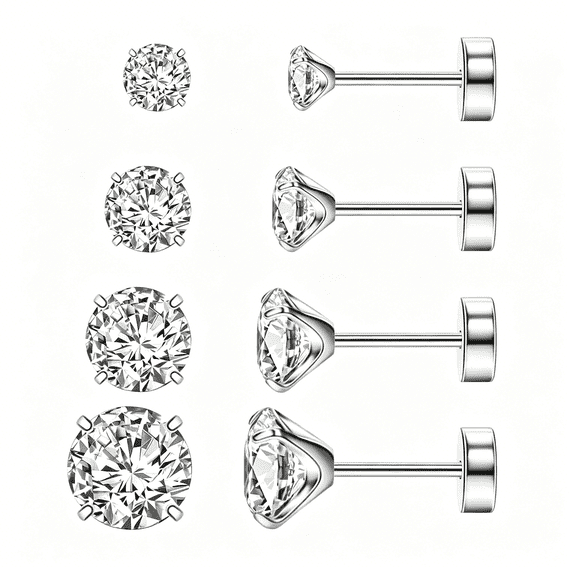 DESIGNICE Flat Back Stud Earrings,Implant Grade Titanium Earrings Set for Women,Hypoallergenic 20G Screw Back Earrings for Sensitive Ears,3–6Mm Cz Crystal,Gold Silver Black