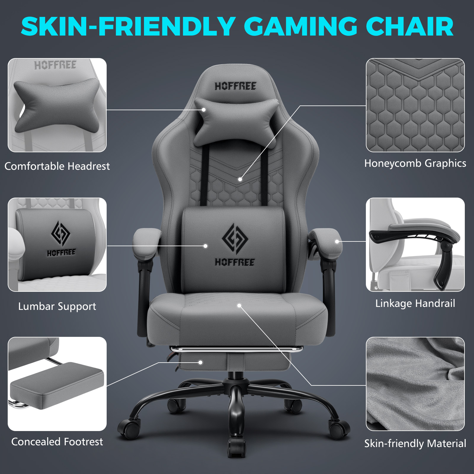 HOFFREE Gaming Chair with Massage and Footrest Skin-friendly Gamer Chairs for Adults Big and Tall Video Game Chair with Headrest and Lumbar Support for Office and Home Dark Gray