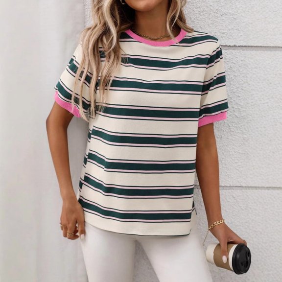 Round Neck Loose Top Striped Color Block Short Sleeve T-Shirt
