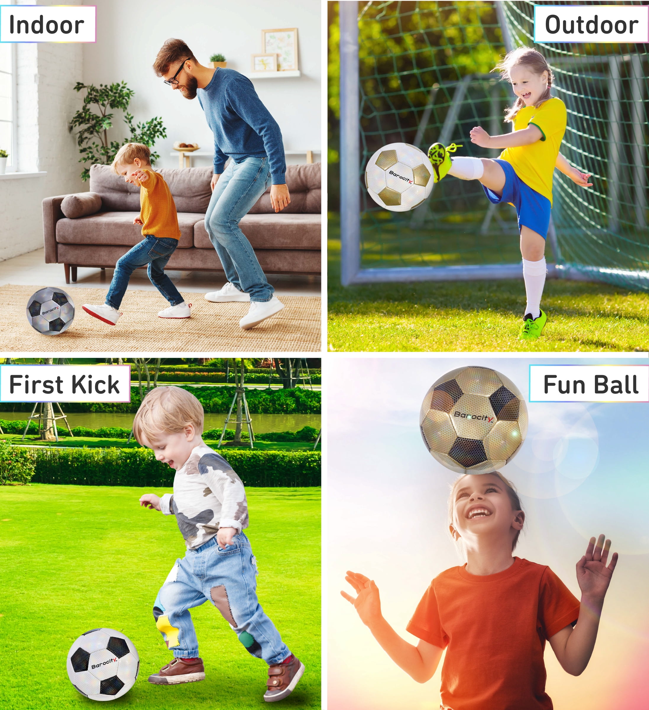 Barocity Iridescent Soccer Balls Set of 4 – Classic Black, Gold, Silver, White Official Match Ball with Reflective Hex Pattern, Sport Soccer Balls for Indoor, Outdoor Training and Practice - Size 3