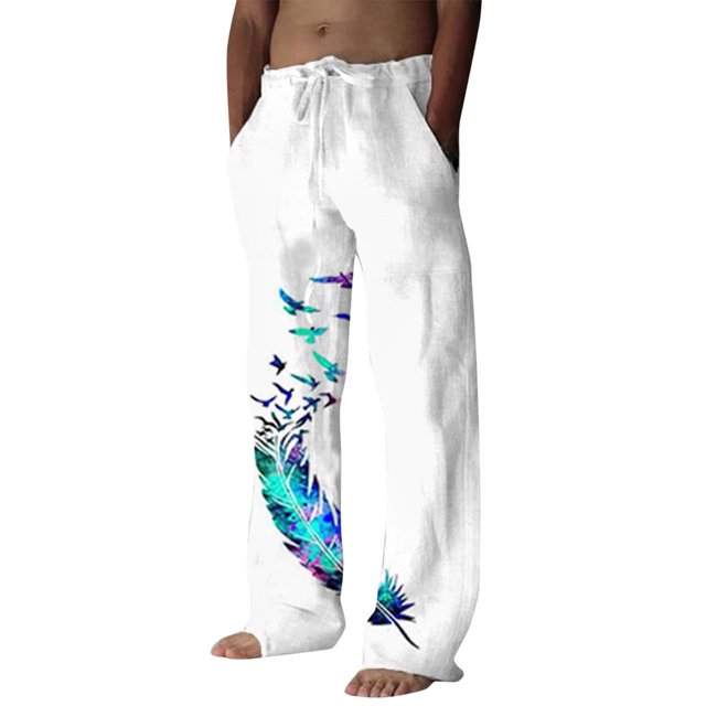 Zszcpp Summer Pants For Mens 2025 Drawstring Feather Print Length Full Pocket Tree Bird Tie Daily Lounge Trousers Casual Trouser