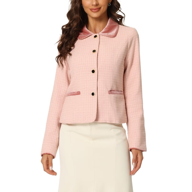 BLAZER DE TWEED A CUADROS DE VELVET CON COLLAR ELEGANTE PARA MUJERES CHIC M ROSA