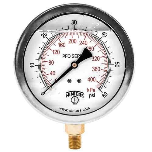 Winters PFQ713-4BF Liquid Filled Brass Gauge, 4" Dial, 0-200 PSI/KPA, 0-200 PSI/KPA