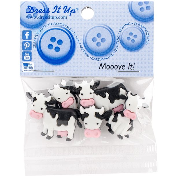Dress It Up Buttons, Mooove It!, Cow Craft & Sewing Fastener Buttons, Multi Color, 5 Pcs.
