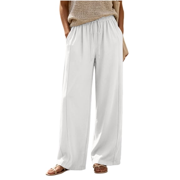 Lenpel Cotton Linen Pants for Women Fall Casual Loose Drawstring Elastic Waist Baggy Trousers Solid Color Wide Leg Pants with Pockets(White,X-Large)