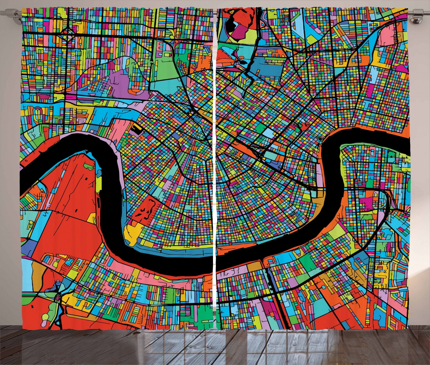 New Orleans Curtains 2 Panels Set, Colorful Map of City with