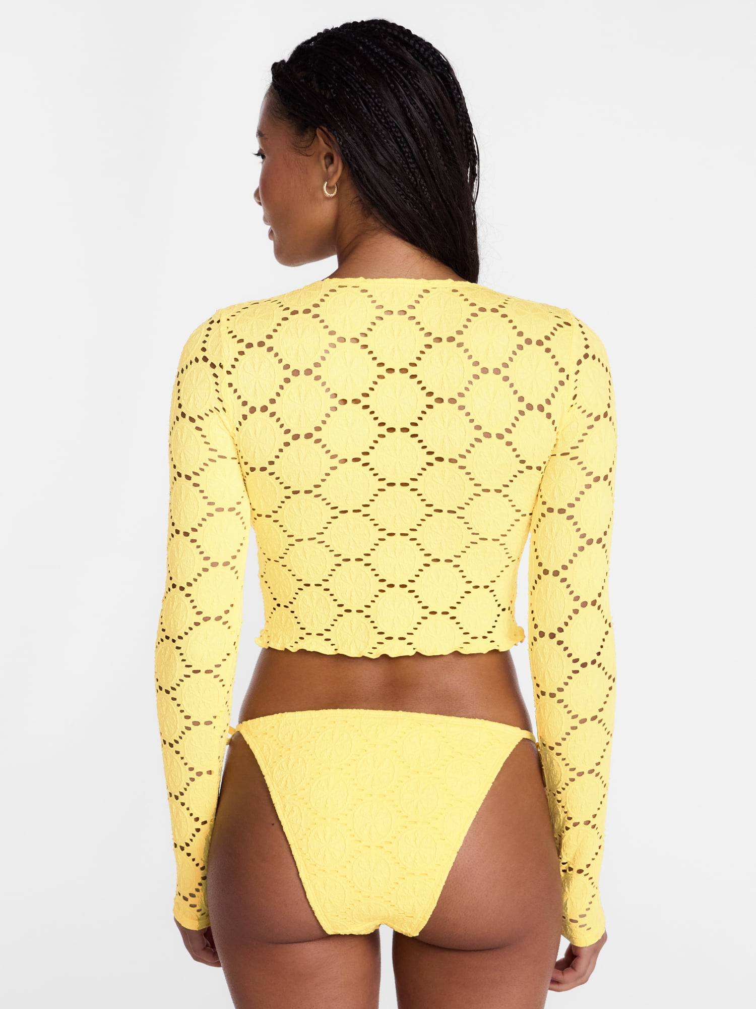 No Boundaries Lemon Eyelet Open Front Swim Rash Guard with Long Sleeves, Women's XXS-XXL
