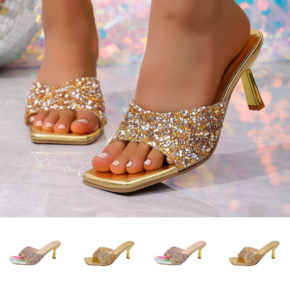 Women's Heeled Sandals for Women Trendy Square Toe Rhinestone Stiletto Mules Comfortable Glitter Slip On Heels Spring Summer Fashion Plus Size Black Shoes for Women