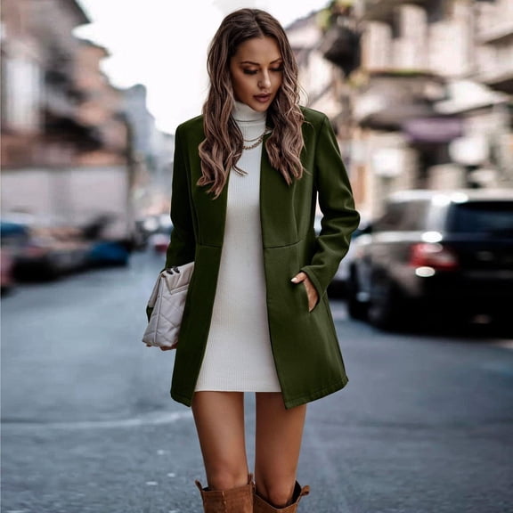 Women Autumn And Winter Solid Color Temperament Warm Slim Long Sleeve Pocket Woolen Coat Winter Jackets Women Long Wool Coat Womens Business Elegant Womens Coats Long Straight Coat Solid Coat Women